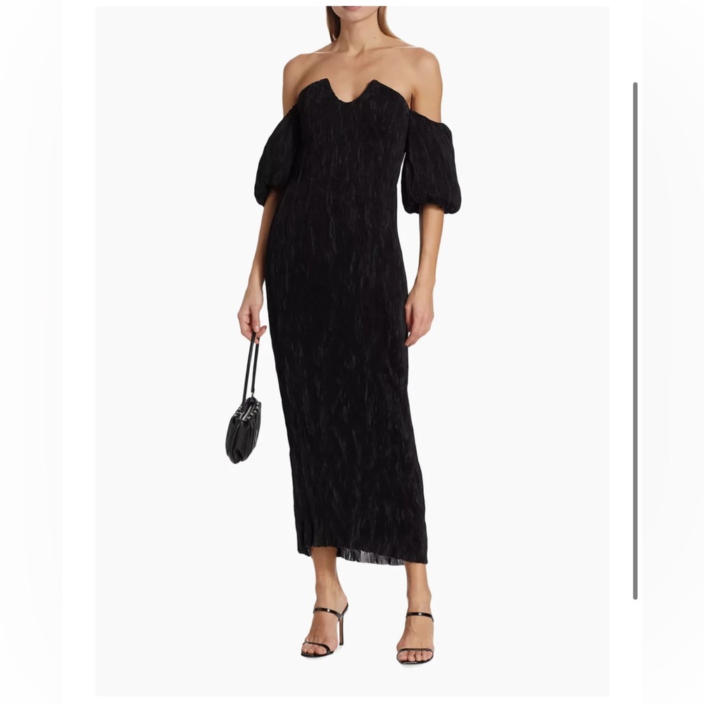 LELA ROSE Black Plissé Off-The-Shoulder Dress